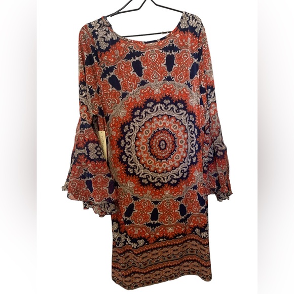 Tacera Dresses & Skirts - NWT TACERA Woman’s Medallion Orange Navy Blue Dress Sheer Winged Sleeves 2X